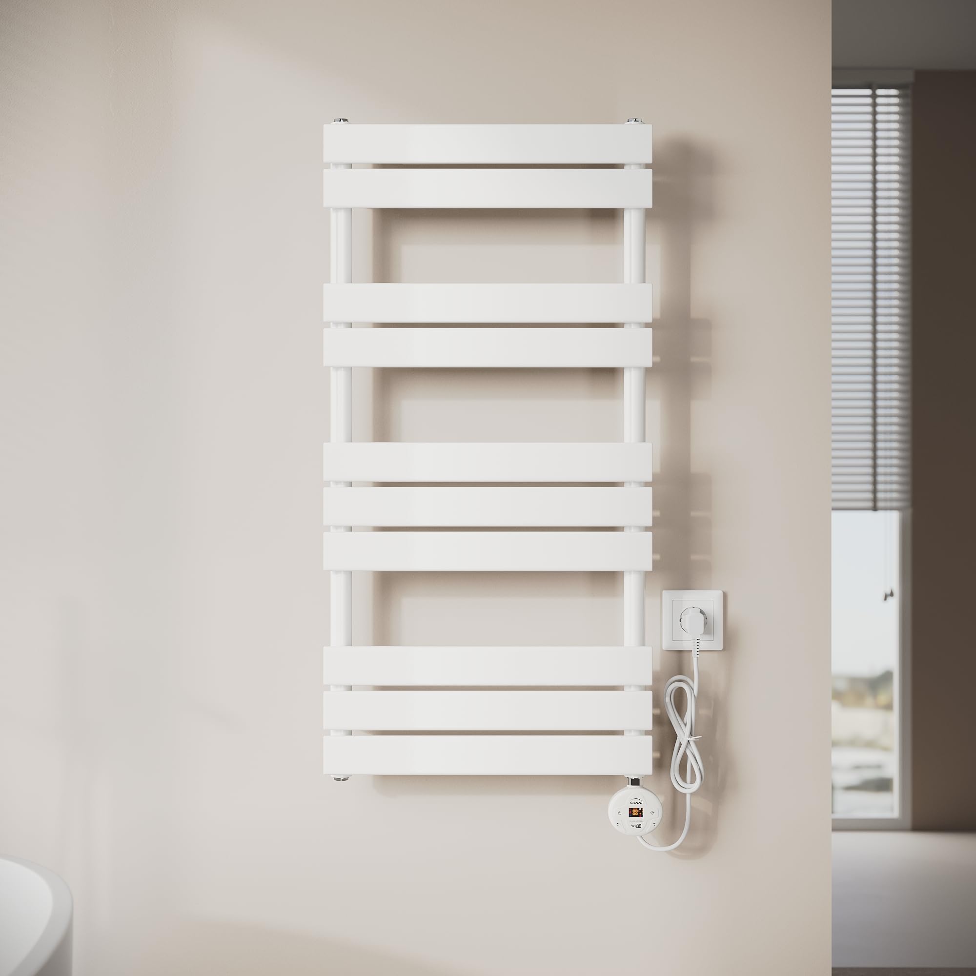 SONNI Scaldasalviette elettrico da bagno, 1000 x 500 mm, bianco, con barra riscaldante WiFi, 600 Watt, piatto, scaldasalviette elettrico, con elemento riscaldante intelligente per radiatori da bagno