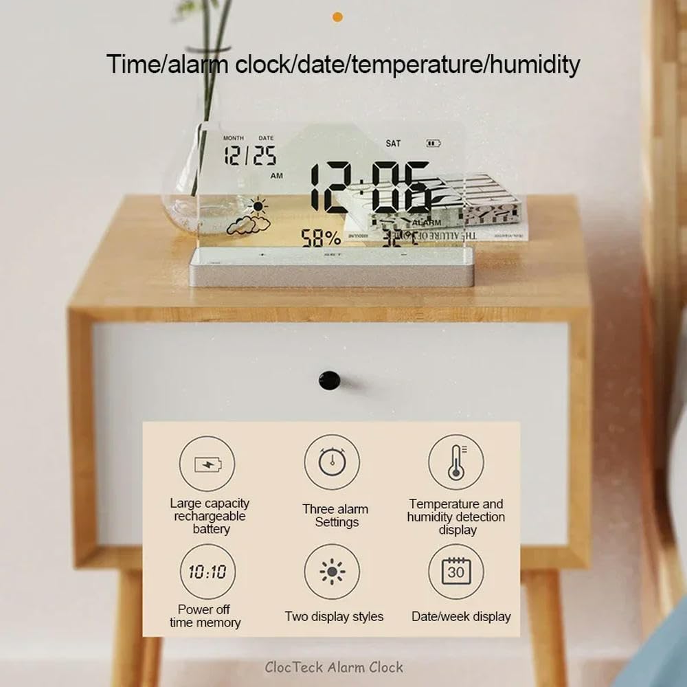 NYSDM - Orologio digitale trasparente con display 3 in 1, grande schermo, temperatura, umidità, data, sveglia, base trasparente, decorazione per casa e ufficio