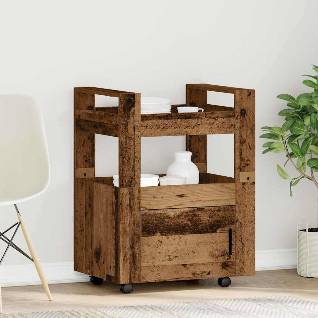 Générique Wózek kuchenny z drewna konstrukcyjnego 60x45x80 cm | Wielopoziomowe przechowywanie, przegródki półkowe, kompaktowa konstrukcja, łatwa pielęgnacja, łatwy montaż