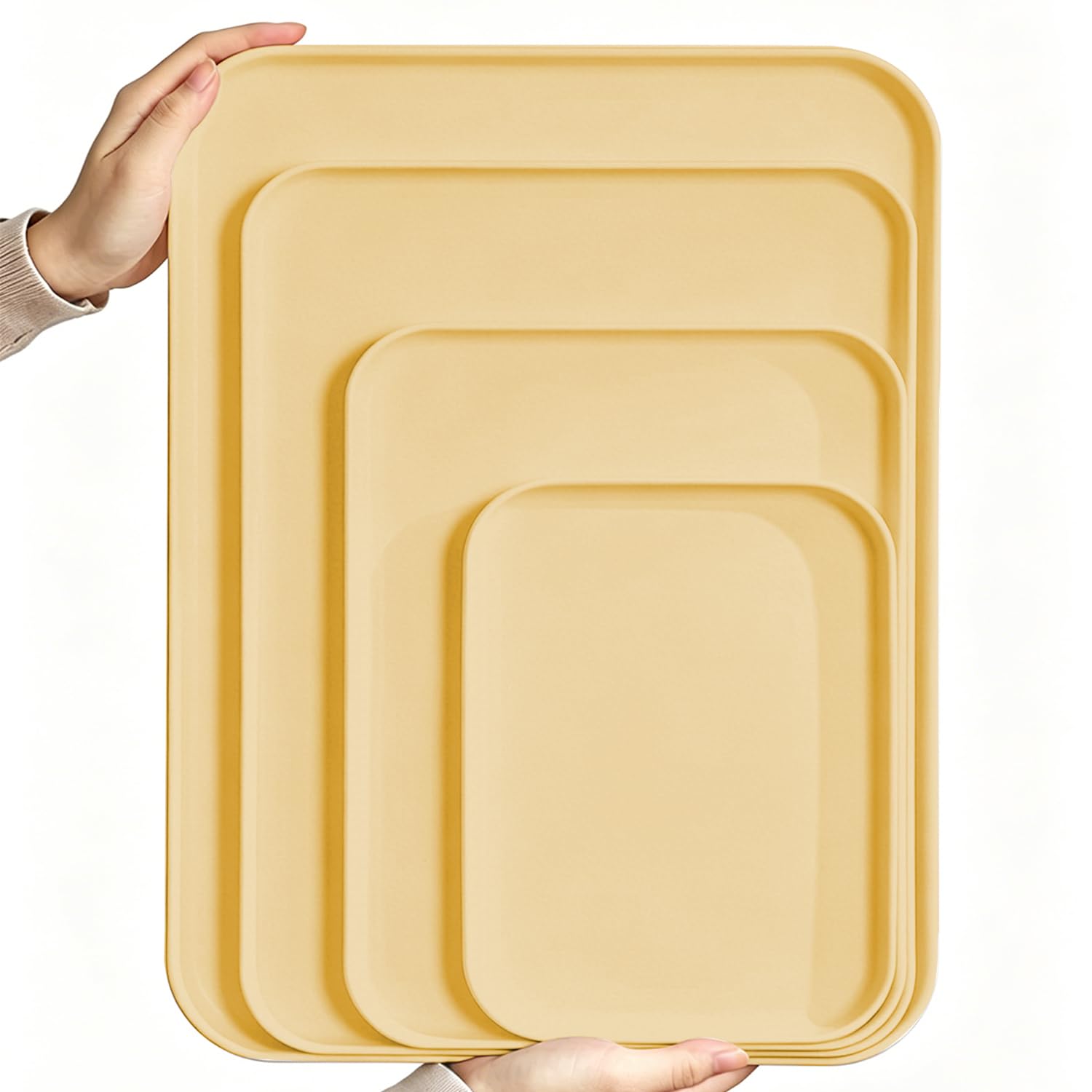 Rectangular Plastic Serving Trays,4 Packs Premium PP Food-Safe Platters Stackable Reusable Serving Trays for Kitchen Drinks Snacks Fruit Coffee Parties (Yellow,M-24 * 17CM)