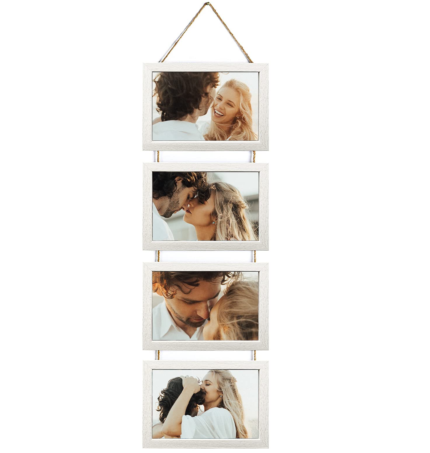 Ichigo Ichie Portafotos Múltiple Decorativo, Marcos de Fotos de Madera con Cuerda para Colgar en la Pared para 4 Fotos de 10x15cm, Blanco