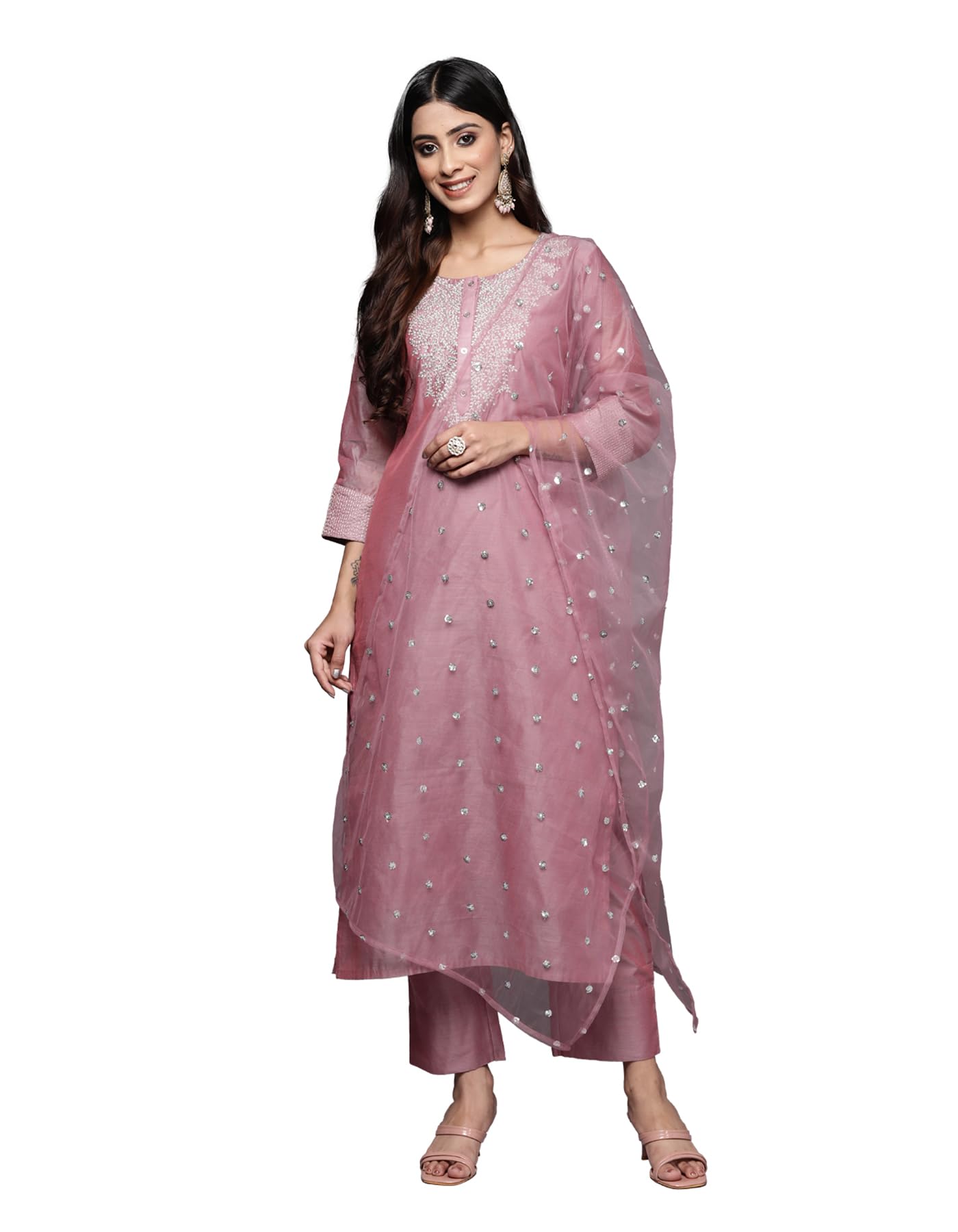 Varanga Women Pink Zari Embroidered A-Line Kurta With Bottom And Dupatta  Kurti Set With Dupatta For Women, (Medium)