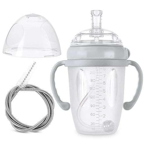 haakaa Vaso con popote con peso para niños de 6 meses de edad, vaso de silicona con peso para sorber de leche, botella de agua para bebé con cepillo