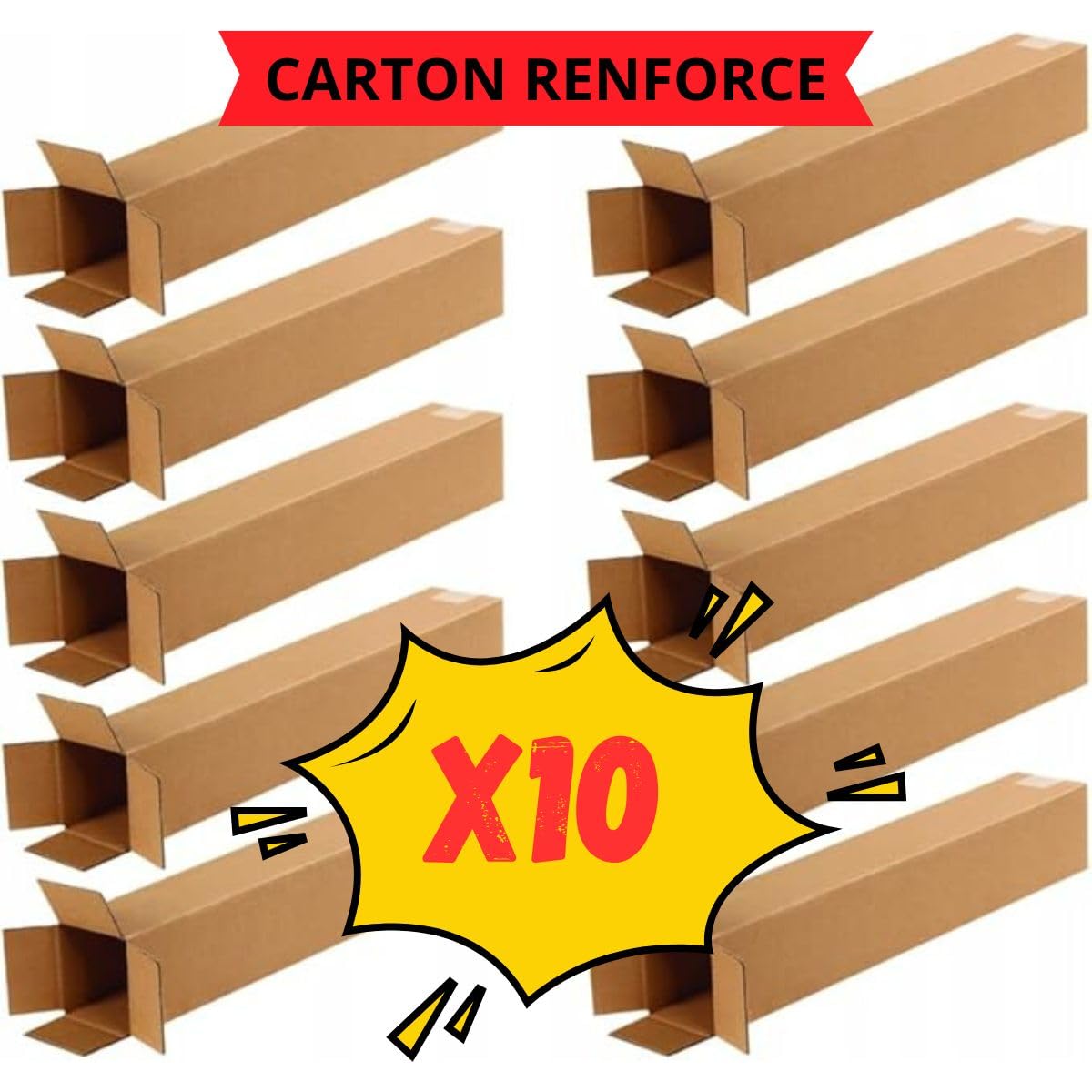 Tubo cuadrado cartón rígido envío | Sin recargo postal (no redondo) | Lote de 10 cajas de 120 x 10 x 10 cm | Póster – Lienzo – Fotos | Color: Marrón | Normas FSC Packaging