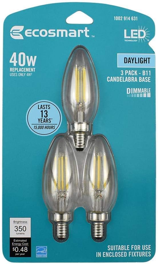EcoSmart 40-Watt Equivalent B11 Candle Dimmable Energy Star Clear Glass Filament Vintage LED Light Bulb Daylight (3-Pack)