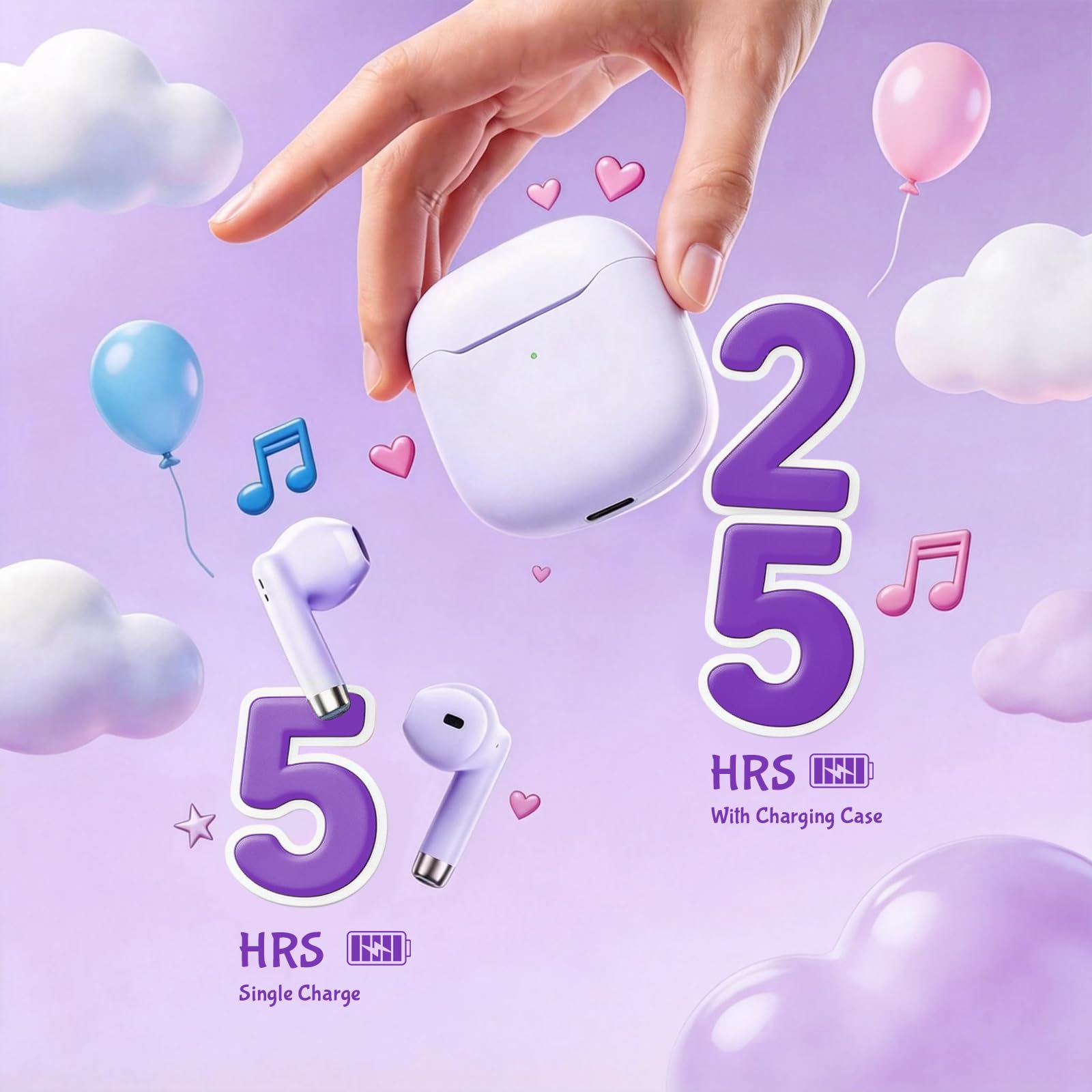 Xmenha Écouteurs sans Fil Bluetooth 5.3 avec Microphone, Réduction du Bruit, écouteurs Bluetooth HiFi Stéréo Son, écouteurs sans Fil TWS avec étui de Chargement pour iOS Android Violet
