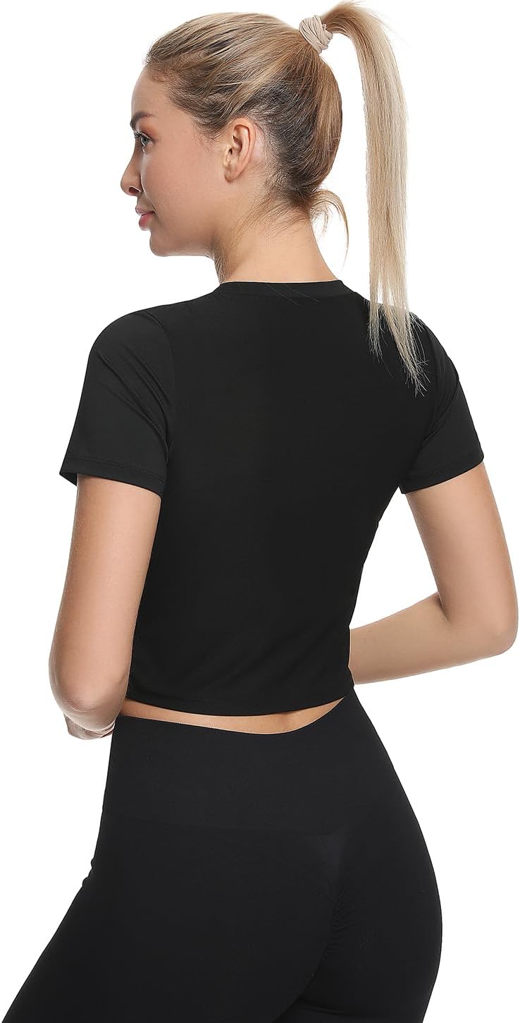 Xelky Women's Crop Dry Fit T-Shirt Workout Short Sleeve Solid Cropped Top V Neck Casual Fitted Yoga Tees - Image 4