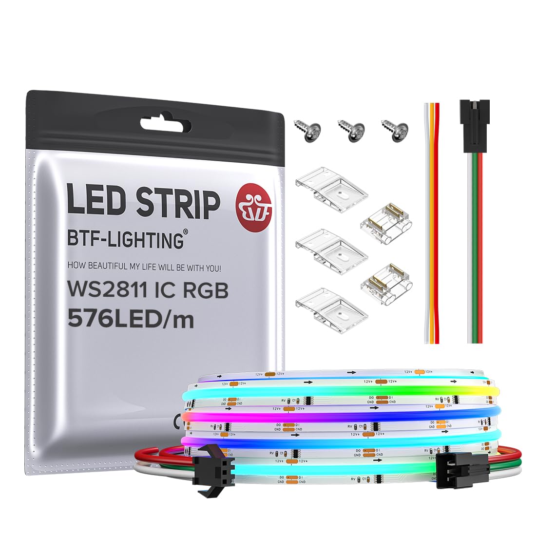 BTF-LIGHTING COB RGB WS2811 IC LED Streifen Flexibel Hohe Dichte Farbe Lauflicht Gleichmäßiges Licht DC12V 3M 576LED/m 16IC/m 10mm Breite (KEIN Netzgerät oder Controller)