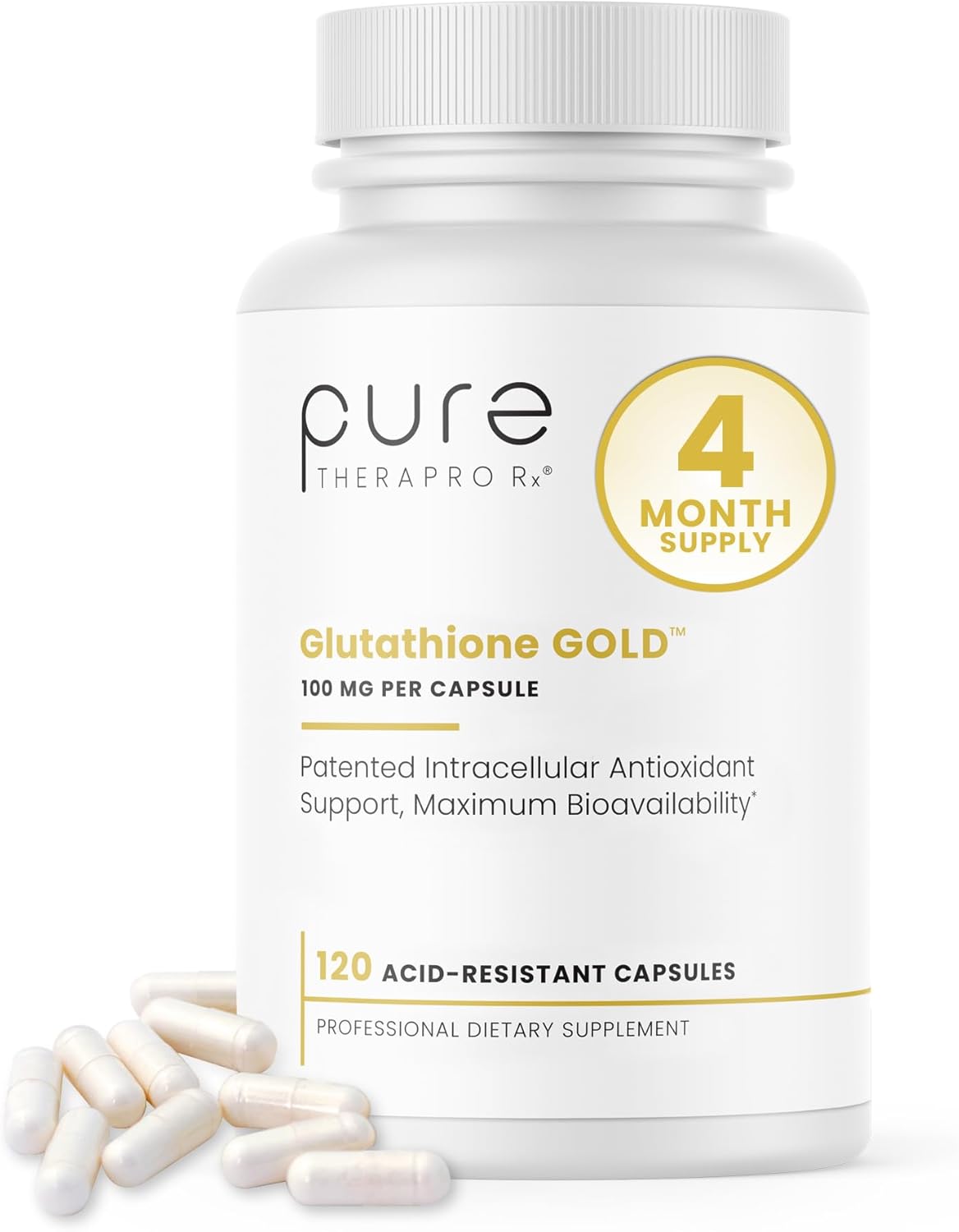 Pure Therapro Rx S-Acetyl Glutathione Gold 100mg, Made in USA - 4 Month Supply | Acid Resistant Capsules | Patented Acetylated Form of Glutathione | Zero Fillers, Pharmaceutical Grade, Non GMO