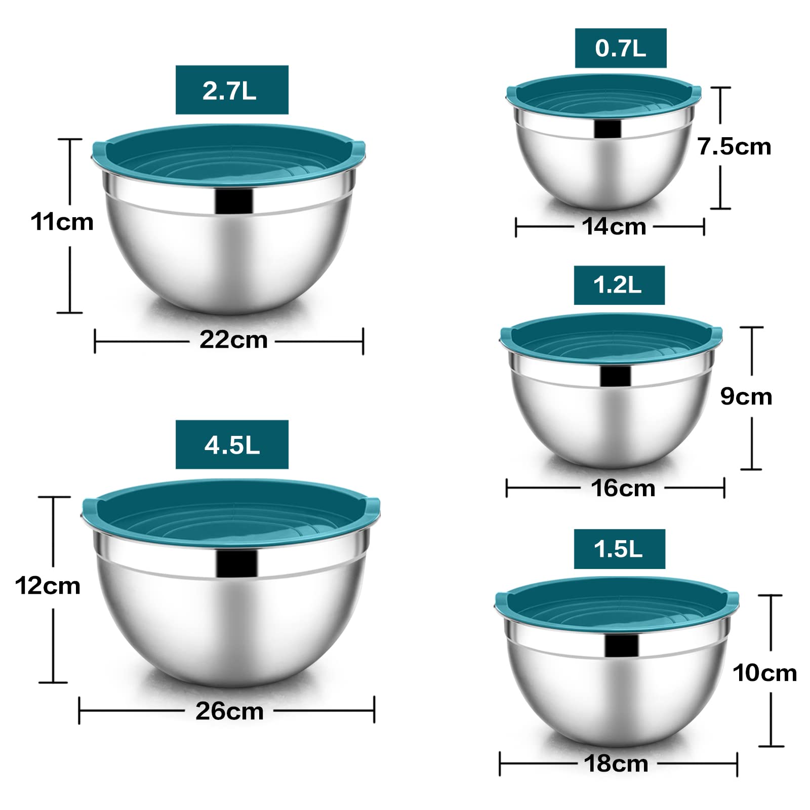HaWare Set di 5 ciotole per insalata 100% acciaio inox con coperchio ermetico 45 l 15 l 12 l 07 l ideali per cucinare cuocere e conservare impilabili e lavabili in lavastoviglie colore Blu