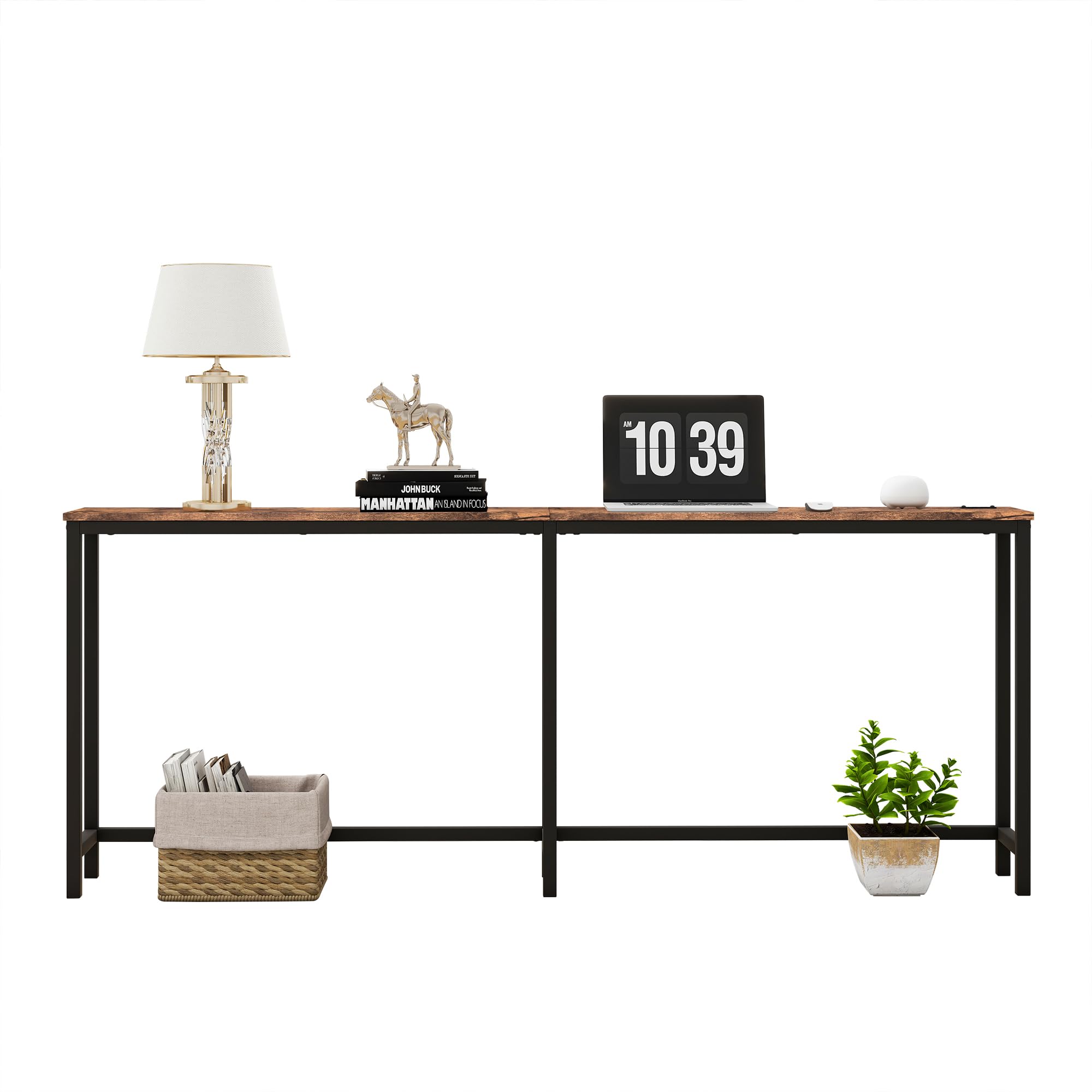 Mesa consola de 70.8 pulgadas con puertos USB, mesa de sofá con estación de carga, mesa de entrada estrecha, mesa de pasillo delgada, color marrón rústico 8