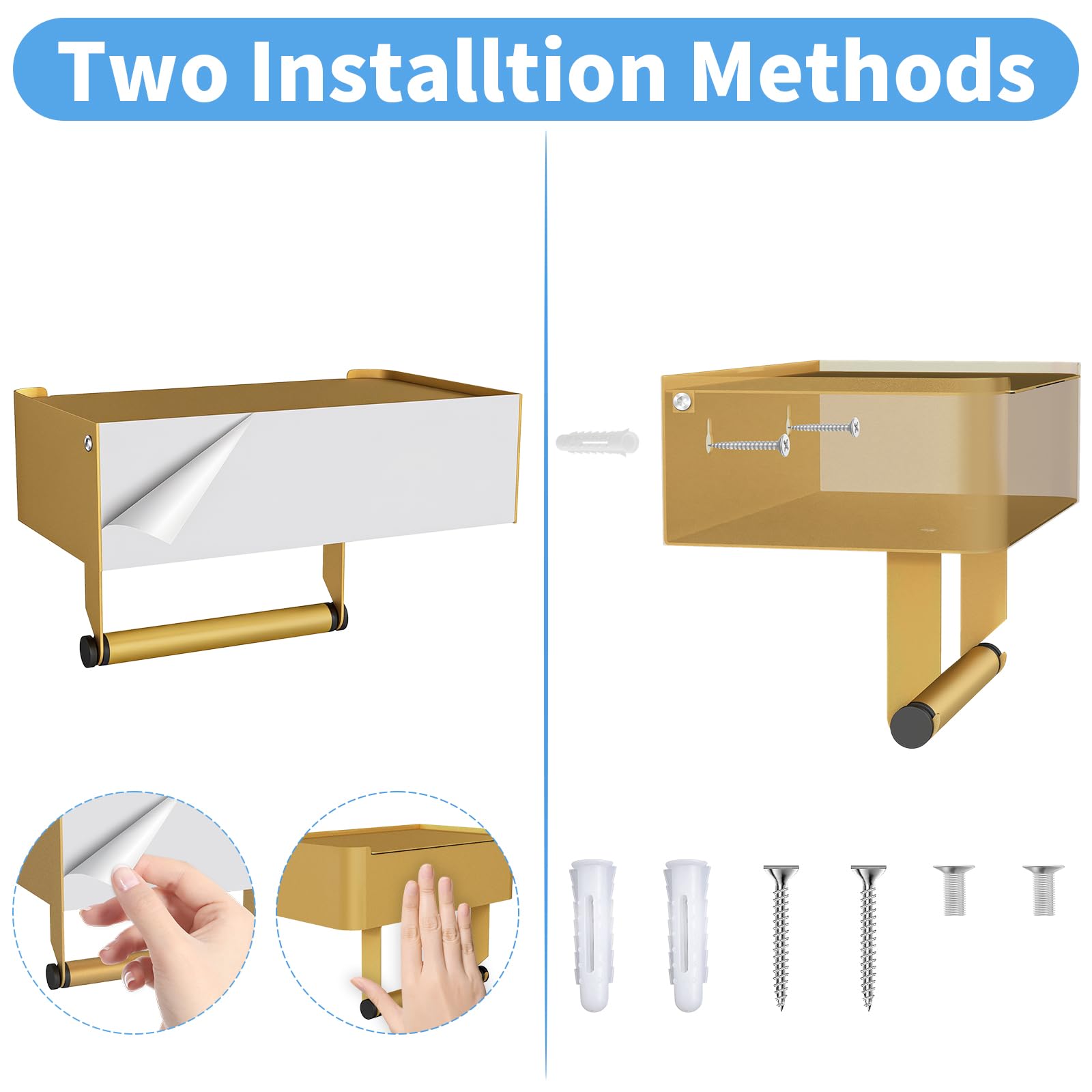 Caja para toallitas húmedas y papel papel higiénico Gypie sin taladrar, soporte dorado y acero inoxidable