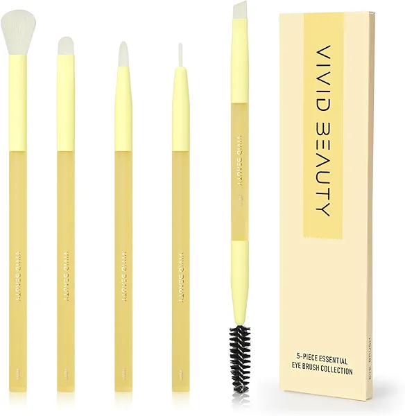 Vivid Beauty 5pcs Yellow Eyes Make up Brush Set Soft Fiber & Rubber Handle Premium Small Brushes Kit, Includes Concealer, Blending, Eyeshadow, Dual-ended Brow and Lash Brushes ideal for Eye Makeup
