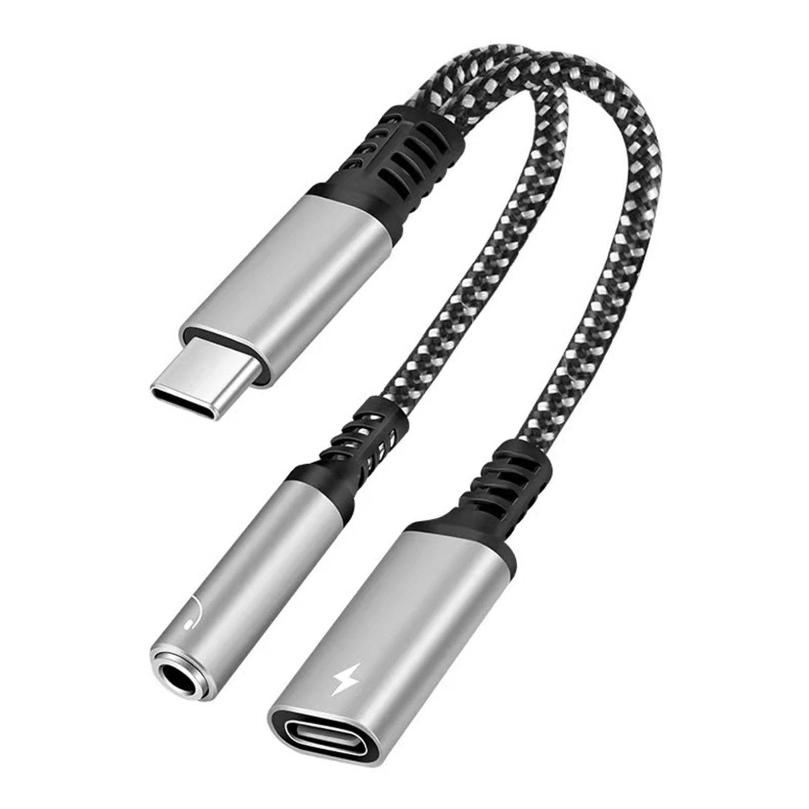 タイプC 二股 イヤホン 変換アダプタ ハイファイ音質 60 W急速充電をサポートする 充電/通話/聴歌/線制御が可能 携帯に便利 ナイロン編み 断線しにくい Type-Cインタフェースデバイスの大部分に対応