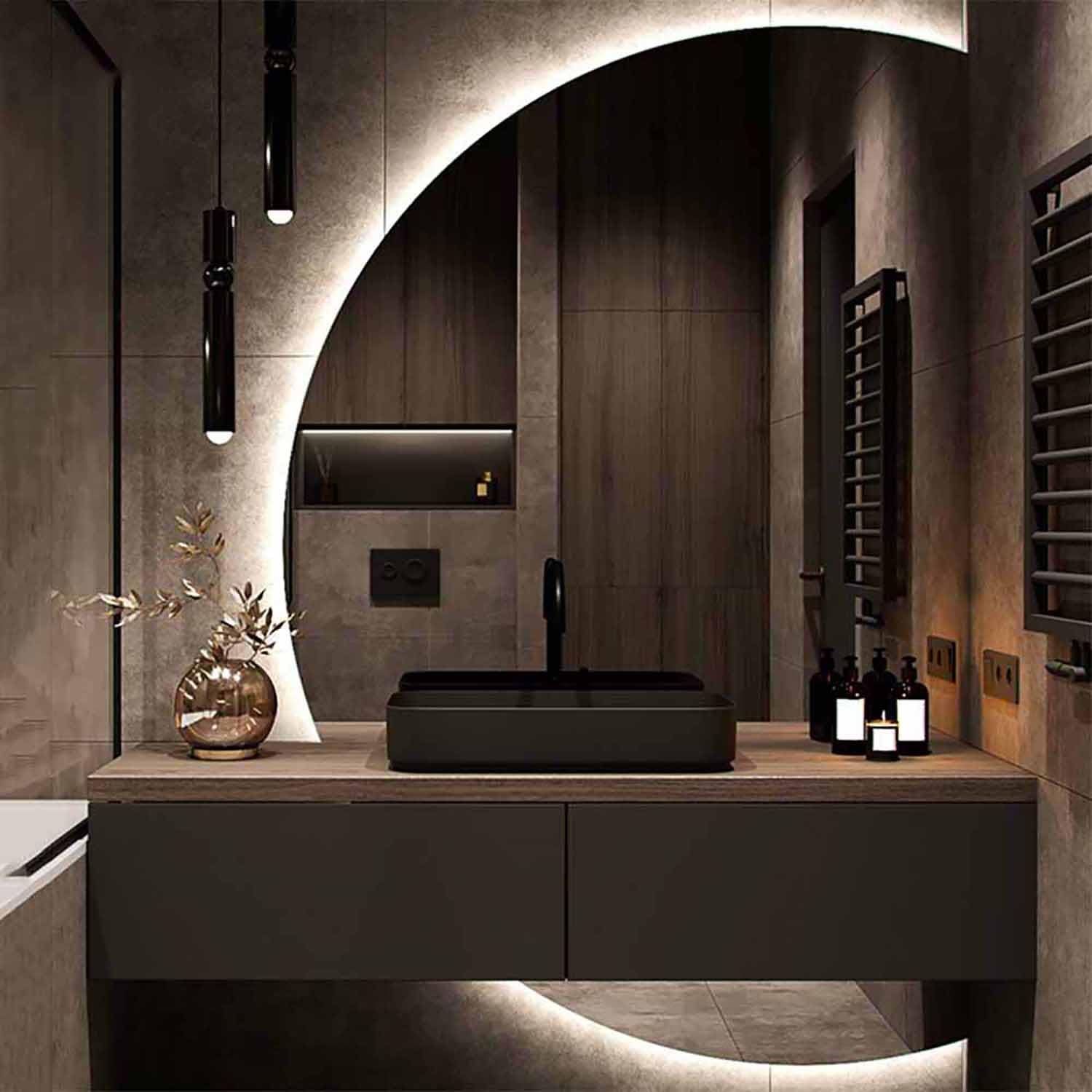 WQZzjm LED AntiFog Bathroom Mirror 129.5 x 88.9 cm – WallMounted Elegant HalfCircle Design for Modern Bathrooms, SteamProof Technology (Demicercle Gauche 100X70cm)