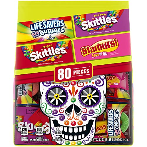 SKITTLES Wild Berry, SKITTLES Original, STARBUST FaveREDS, and LIFE SAVERS Gummy Dia de Los Muertos Halloween Candy (32.82oz/80 pieces)