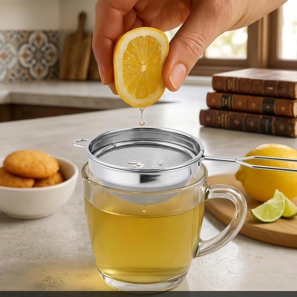 Stainless Steel Tea Strainer Set of 3 (8 cm) Fine Mesh Chai Chhalni β Tea & Coffee Filter, Juice and Oil Strainer with Durable Handle, Rust Proof Kitchen Strainer for Smooth Brewing 4