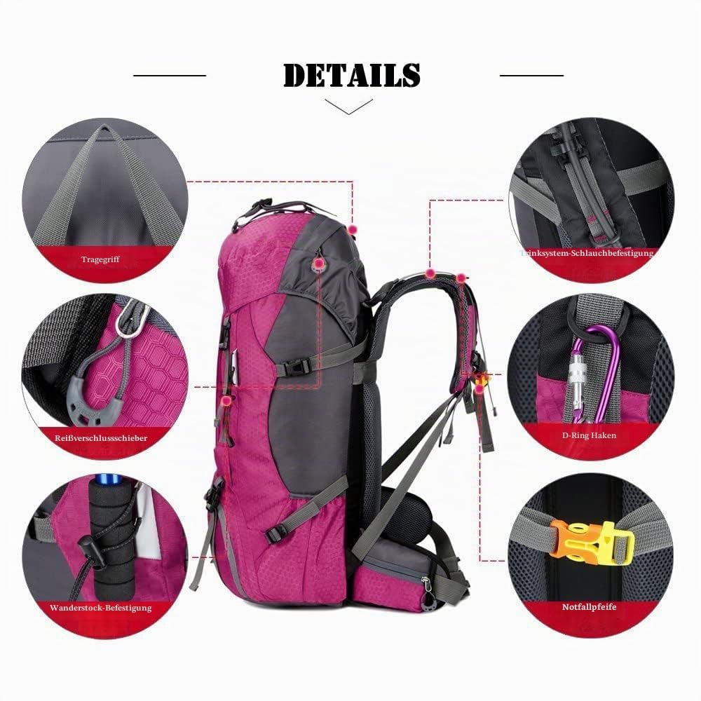 Bseash 60L Wasserdichter leichter Wanderrucksack mit Regenschutz, Outdoor Sport Tagesrucksack Multifunktions Reisetasche für Klettern Camping Reisen