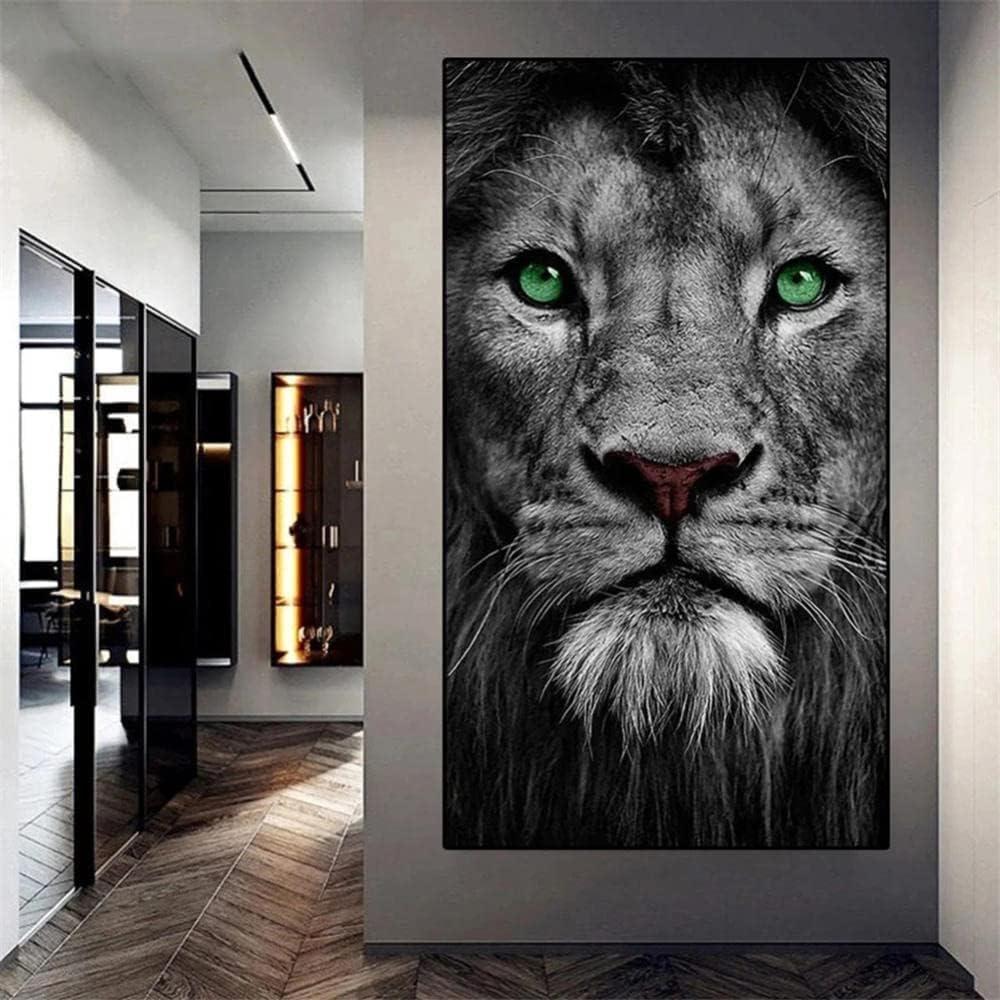Large 5D DIY Full Round Drill Diamond Art Kits Black and White Lion Face Complete Diamond Painting Cross Stitch Crystal Diamond Embroidery Rhinestone Art Craft for Home Wall Decor (60x120cm/24x48in)