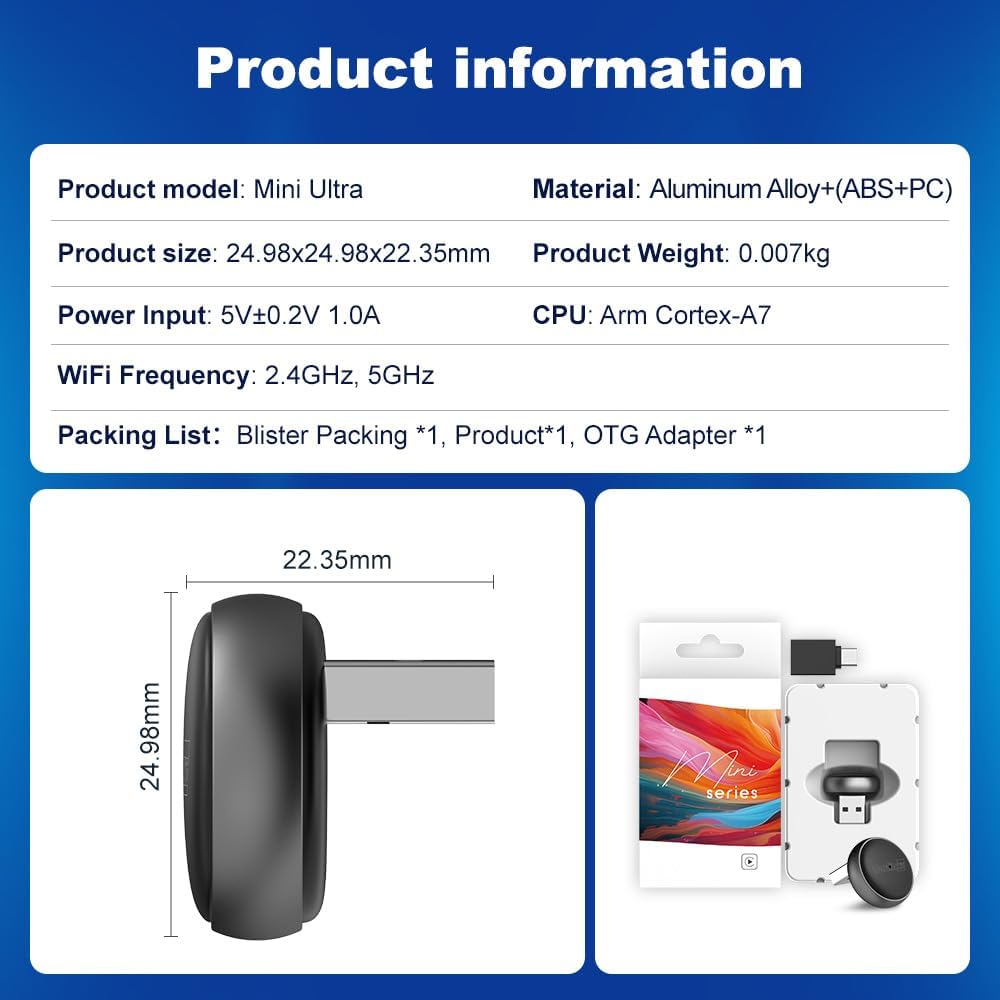 Product information table and dimensions of the Carlinkit Mini Ultra 3.