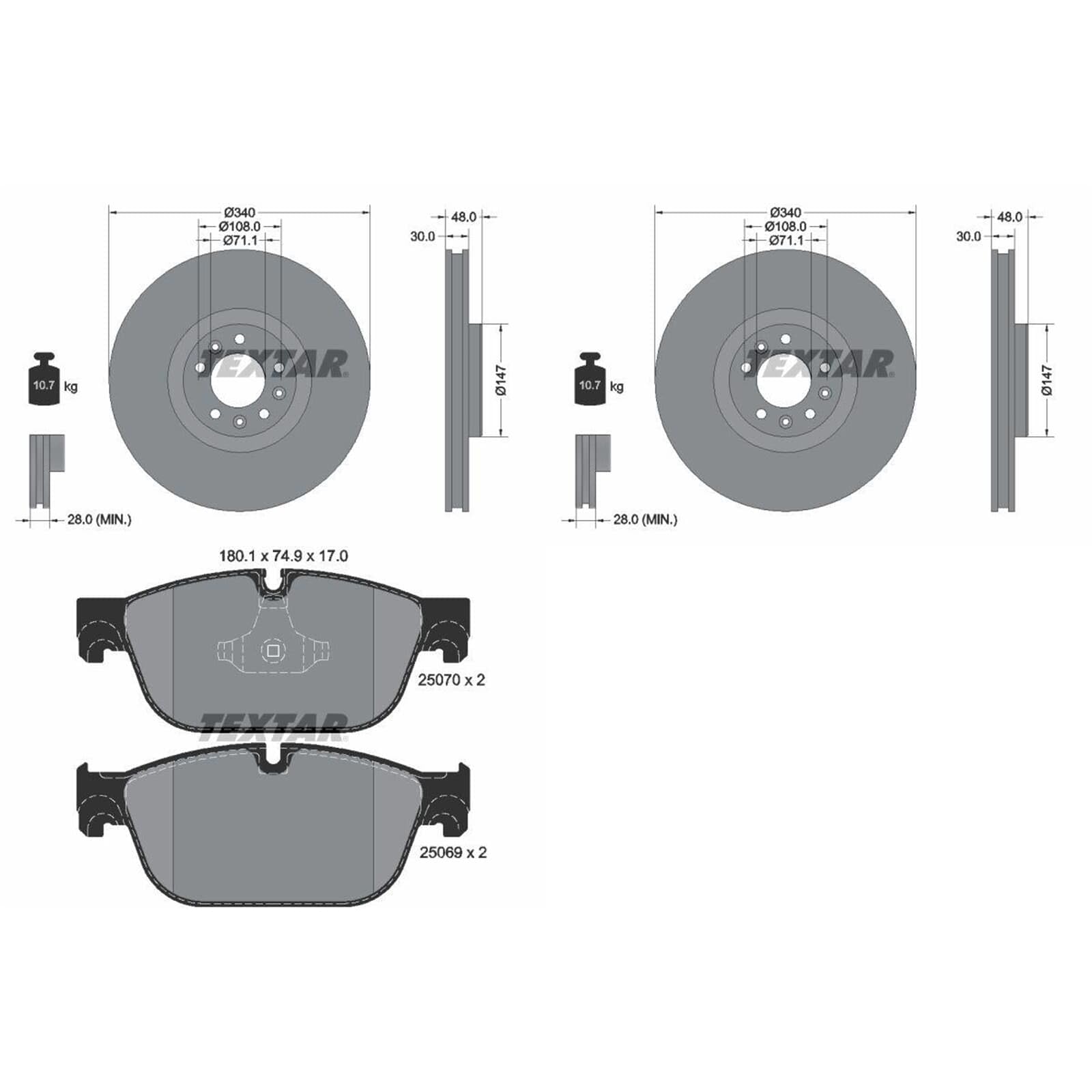 Textar Bremsscheiben 340mm + Beläge vorne | 92256003 + 2507001 Kompatibel mit 508 I (8D_),508 SW I (8E_),C5 III (RD_),C5 III Break (RW_),C6 (td_)