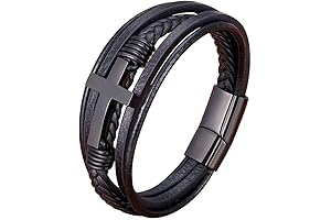 Multi-Layer Braided Leather Mens Christian Bracelets with Magnetic Clasp