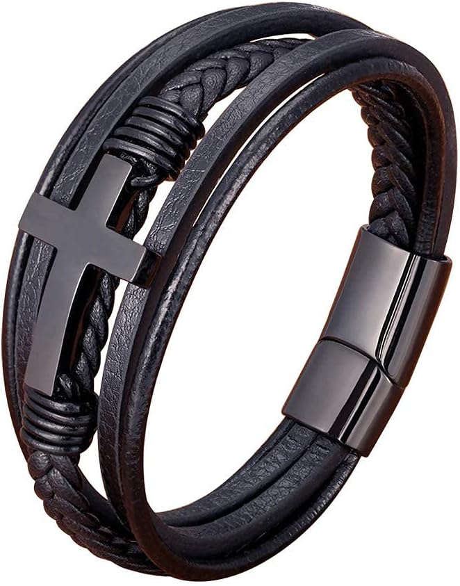 Multi-Layer Braided Leather Bracelets with Magnetic Clasp Mens Cuff Bracelets for Men Genuine Leather Bracelet Religious Leather Bracelets decorate Gift