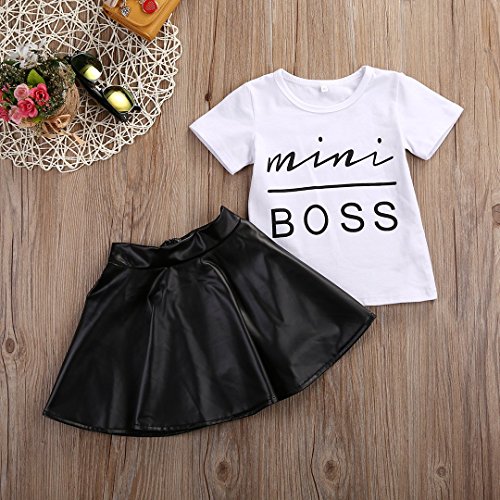 Lotucy Kids Baby Girls Mini Boss Letters Short Sleeve Tops +Leather Skirt Outfits Sets #TOP3