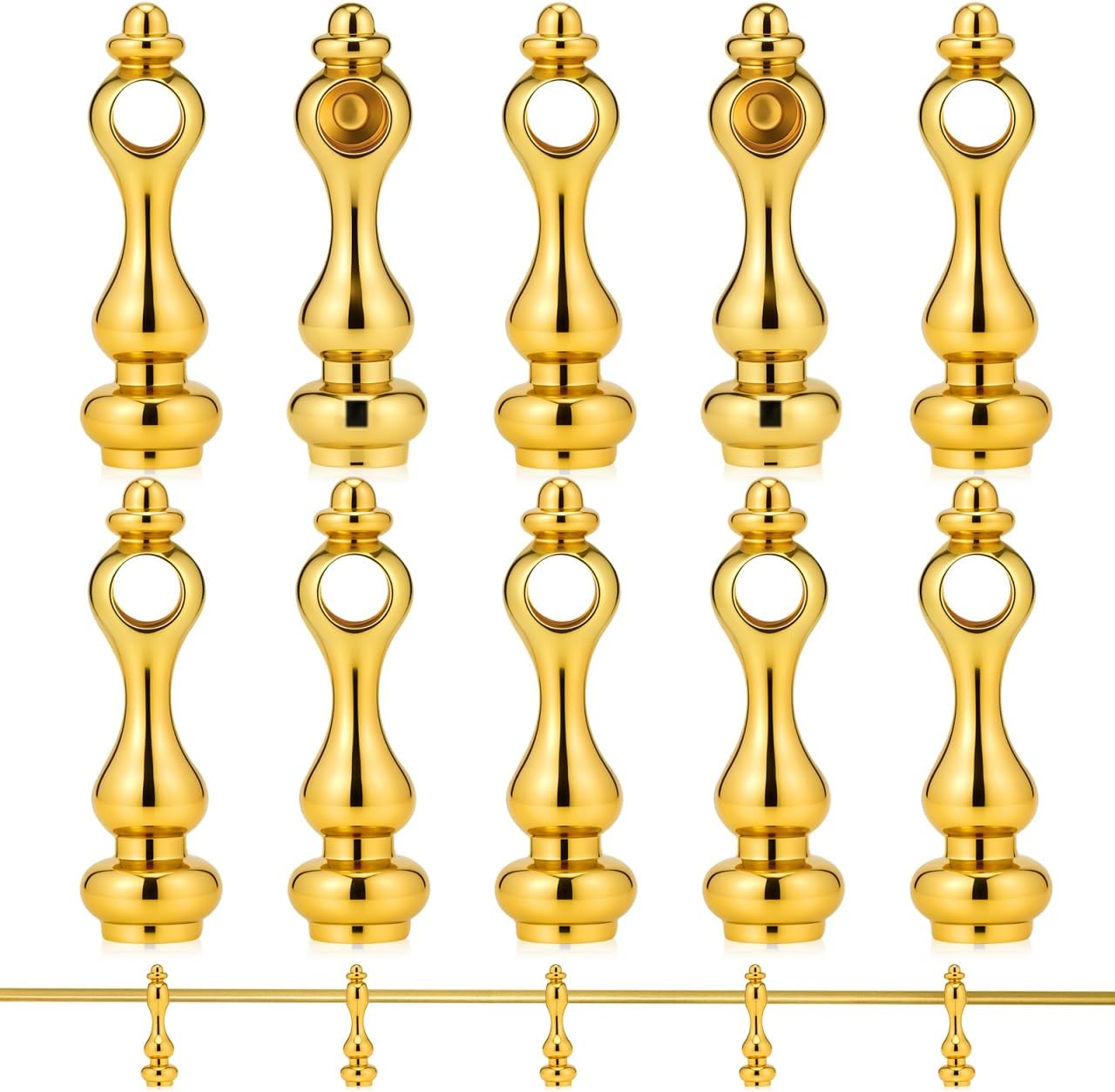 Veemoon 10pcs Shelf Railing Bracket Spindles Connectors, Decorative Gold Metal Spindles Shelves Gallery Rails Railing Post End Caps Connector for Wine Cabinet and Cart Craft Projects (Aperture 6 MM)