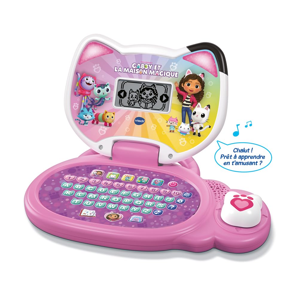 VTech - Mon Ordi Éducatif Gabby et La Maison Magique - Ordinateur Enfant avec Écran Rétroéclairé, Oreilles Gabby Chat Lumineuses et 18 Jeux Interactifs - Cadeau Enfant Dès 3 Ans - Contenu en Français
