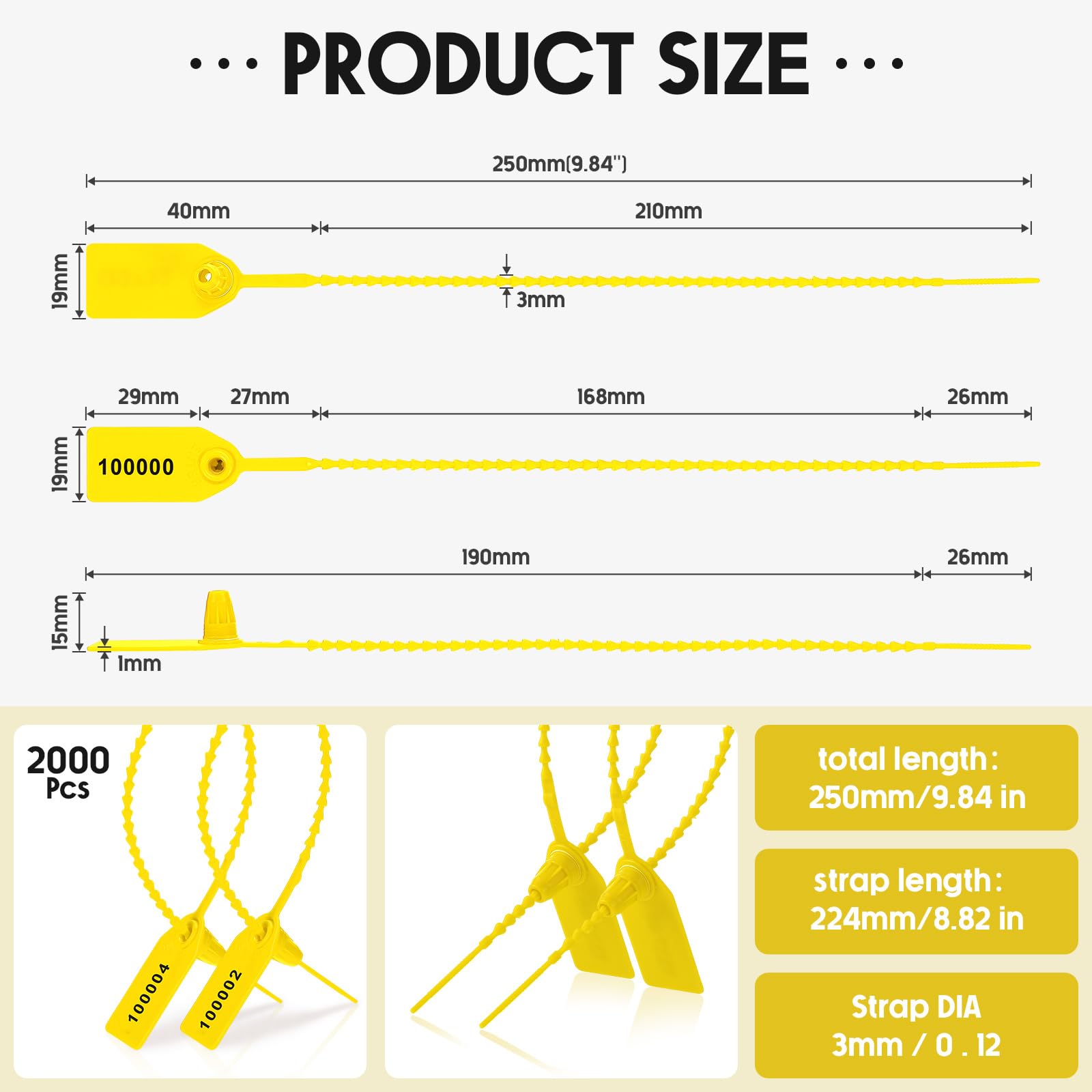 Roowest Lot de 2 000 étiquettes de sécurité en plastique pour extincteur - Étiquettes de sécurité numérotées - Jetables - 250 mm de long (jaune)