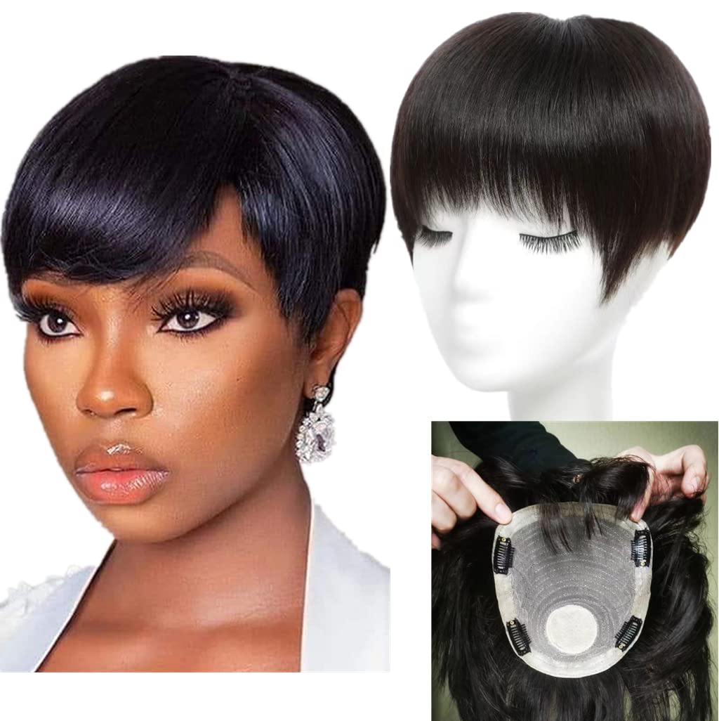 Straight Hair Topper 100% Real Human Hair Topper Clip In/On Hair Pieces For Women Thinning And Hair Loss (Straight-natural black)