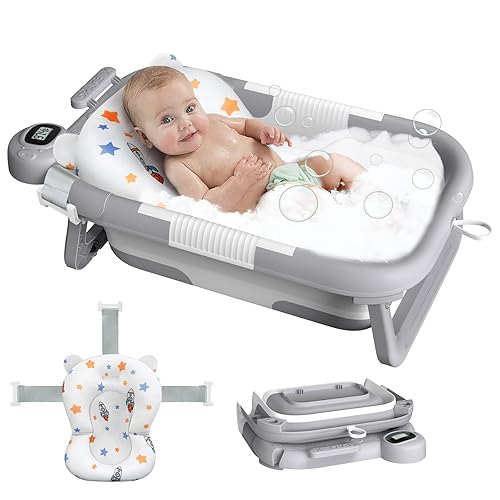 Miniatura 1 de Bañera plegable para recién nacidos a niños pequeños con cojín flotante para soporte de baño, bañera portátil para bebé con monitor de temperatura