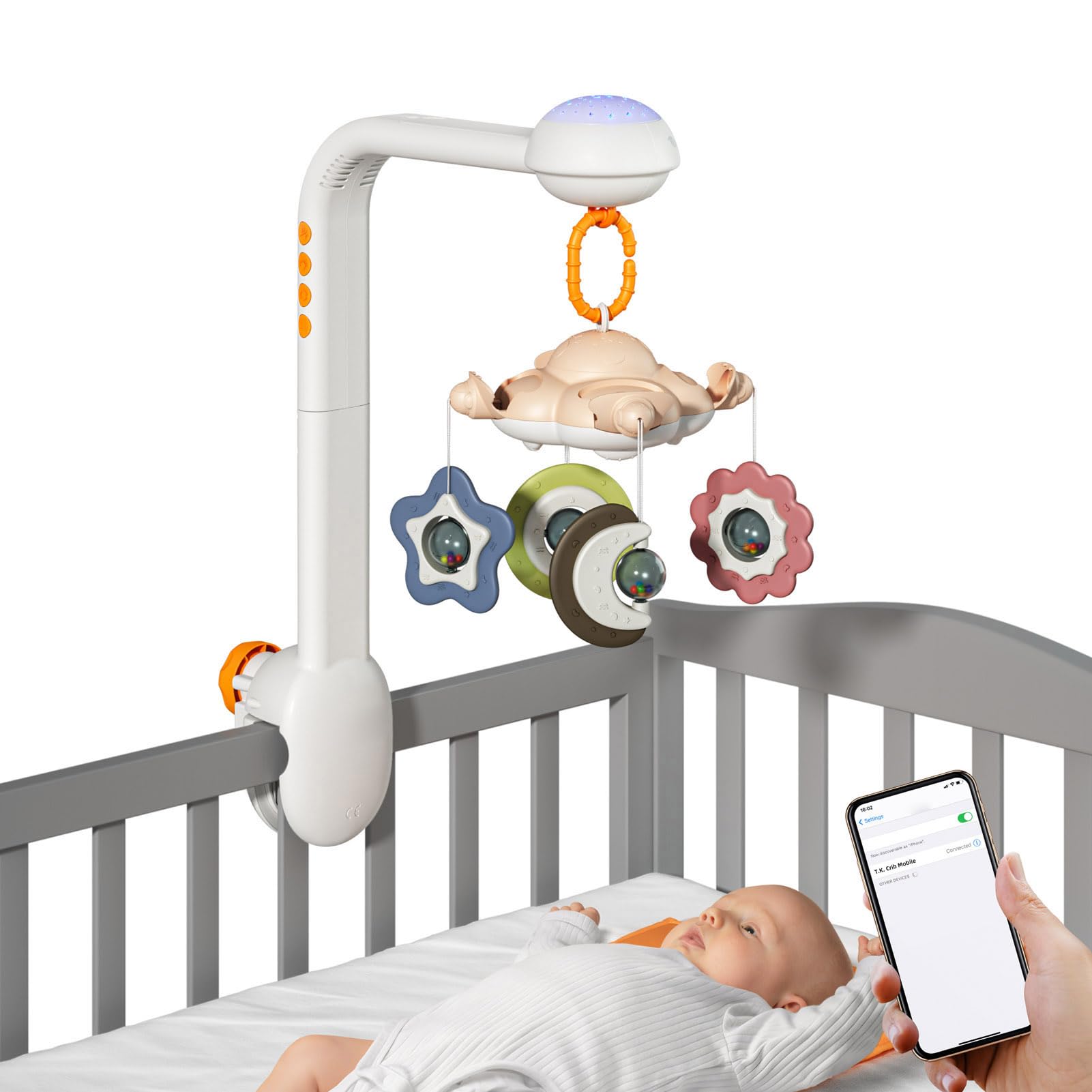 Mobilne łóżeczko Dziecięce z Projektorem, Odtwarzaczem Muzyki Bluetooth i obrotową lampką nocną w Kształcie Gwiazdki, 4 Tryby Muzyczne 11 Trybów Oświetlenia do Pokoju Dziec (TM188)