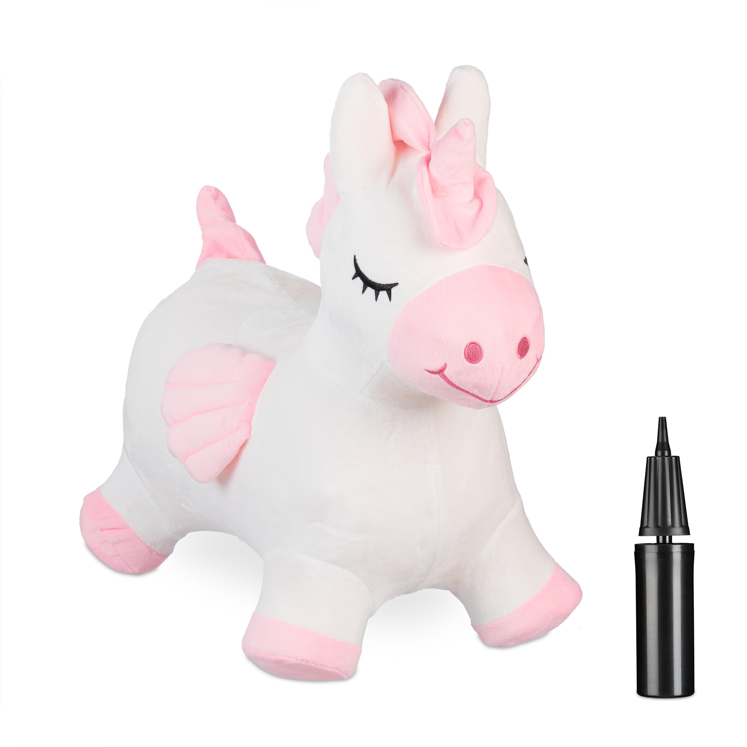 Relaxdays Saltando Unicornio Saltarín Hinchable, Saltador, Funda e Hinchador, Máx. 50kg, Sin BPA, Desde 3 Años, Blanco y Rosa, 48 x 27 x 52 cm
