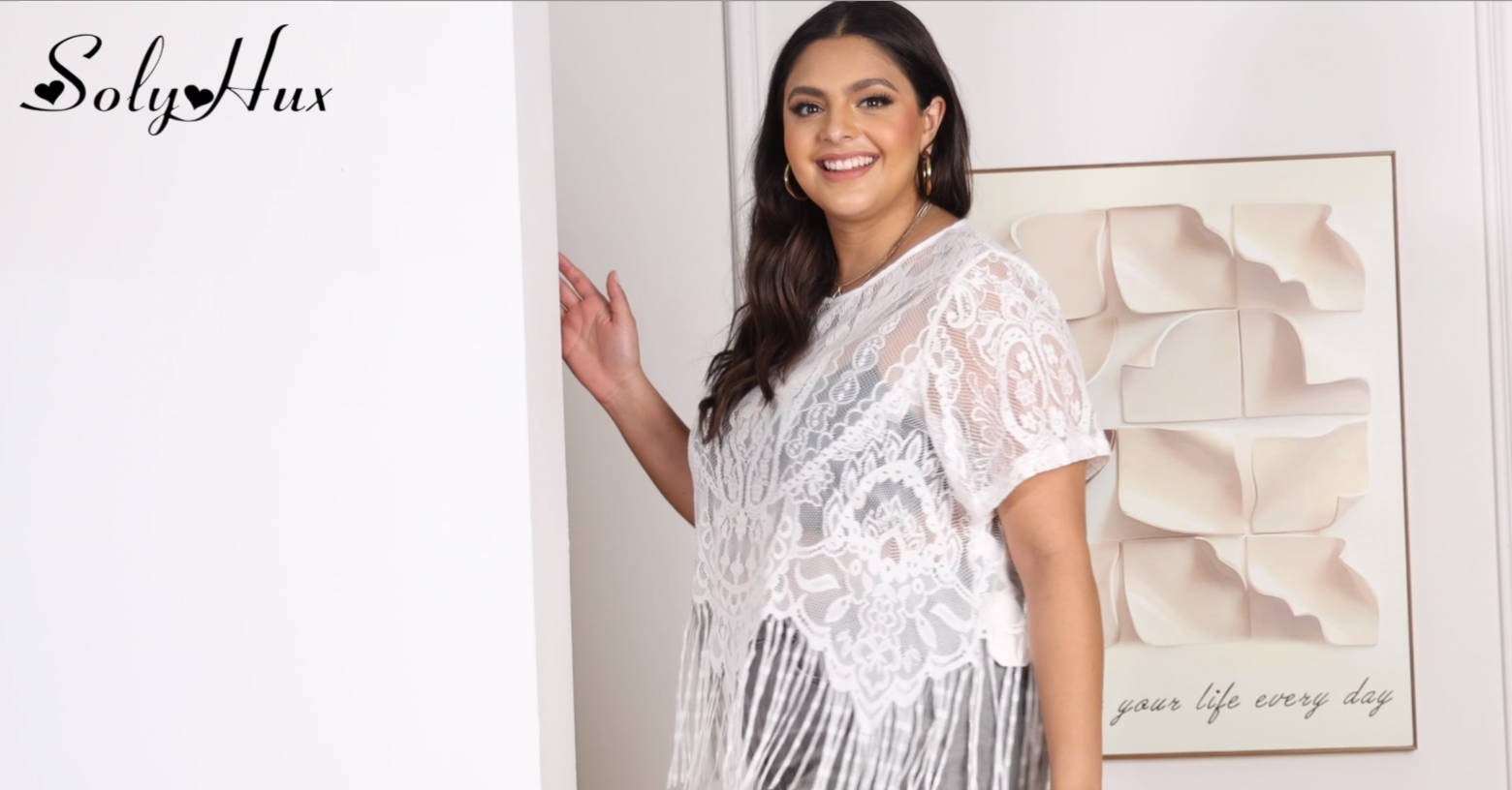 SOLY HUX Women's Plus Size Sheer Lace Fringe Tee Tops Western