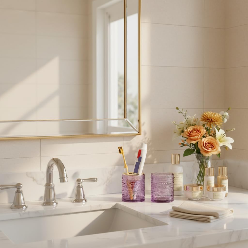 Soporte para cepillos de dientes para baños, cepillo de dientes de vidrio transparente y soporte para pasta de dientes, vaso de baño de 10 onzas y taza de enjuague bucal, taza de almacenamiento