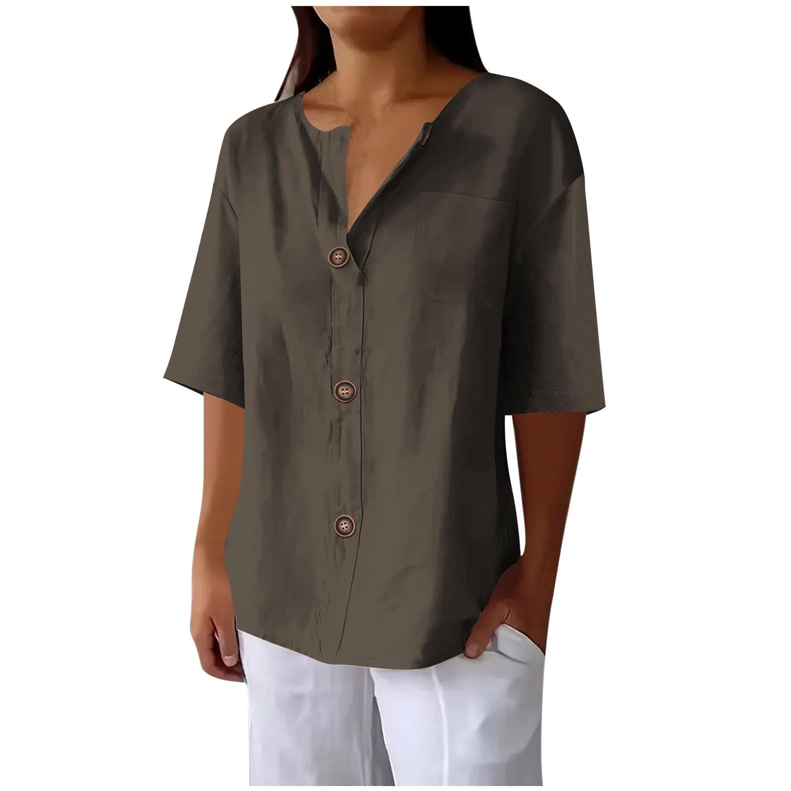 Women's Linen Shirt Button Down V Neck Trendy Solid Blouse 3/4 Sleeves Casual Loose Fit Tunic Tops Summer T Shirts