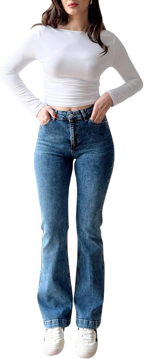 Women Flare Jeans High Waisted Bell Bottom Stretch Boyfriend Casual Denim Pants