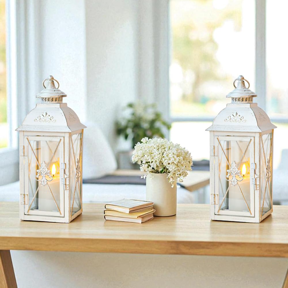 TRIROCKS Zestaw 2 wiszących lampionów w stylu vintage – 34 cm wysokości, dekoracyjny metalowy i hartowany świecznik, idealny na imprezy wewnątrz/na zewnątrz, patio, do ogrodu, na imprezy, białe i