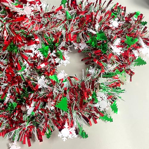 Image of 66 Ft Christmas Tinsel Garland Shiny Thick Red & Green with Tree and Snowflake Design Xmas Tree Metallic Twist Hanging Foil Garland for Christmas Birthday Holiday Indoor Outdoor Party Decor