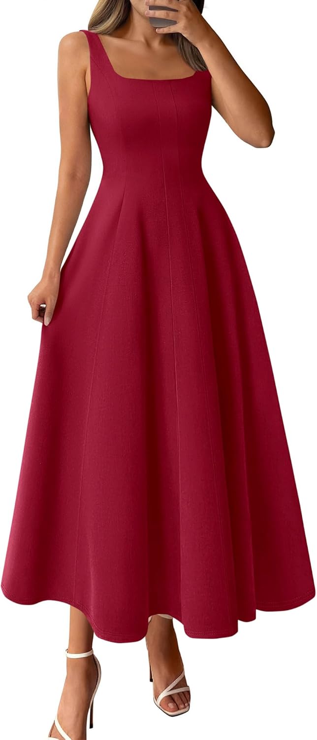 BTFBM Women Elegant Wedding Guest Dress Summer Square Neck Sleeveless Flowy A Line Formal Cocktail Party Maxi Dresses