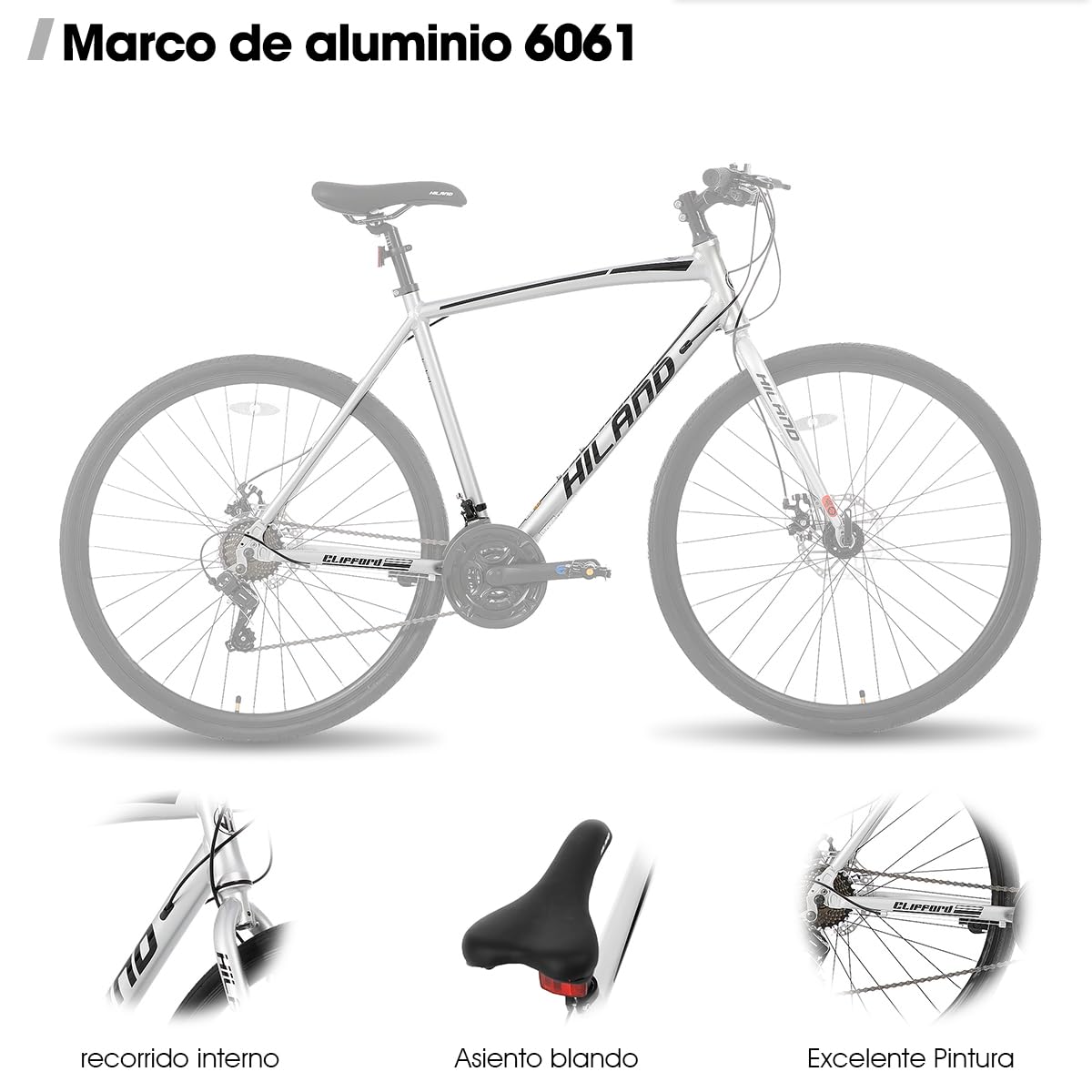 Hiland Bicicleta de Carretera Urbana 28 Pulgadas, Cuadro de Aluminio 700C Unisex, Frenos de Disco Delanteros y Traseros, 21 Velocidades, Cuadro 530/570 mm, Negro/Rojo/Plateado