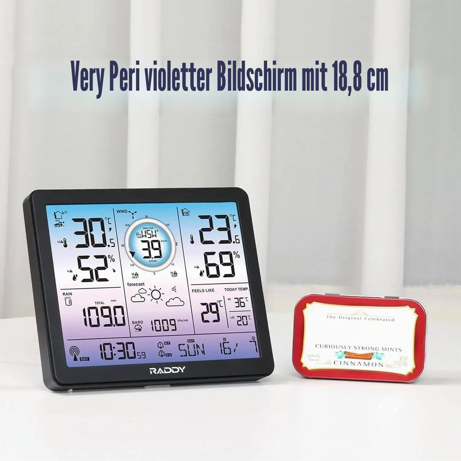 Raddy VP7 Wetterstation Funk Innen Außen Thermometer Professionell, 7,4'' Digitales Display in Lila, Funkuhr, Temperatur- und Feuchtigkeitsmonitor, Wettervorhersage und Luftdruck