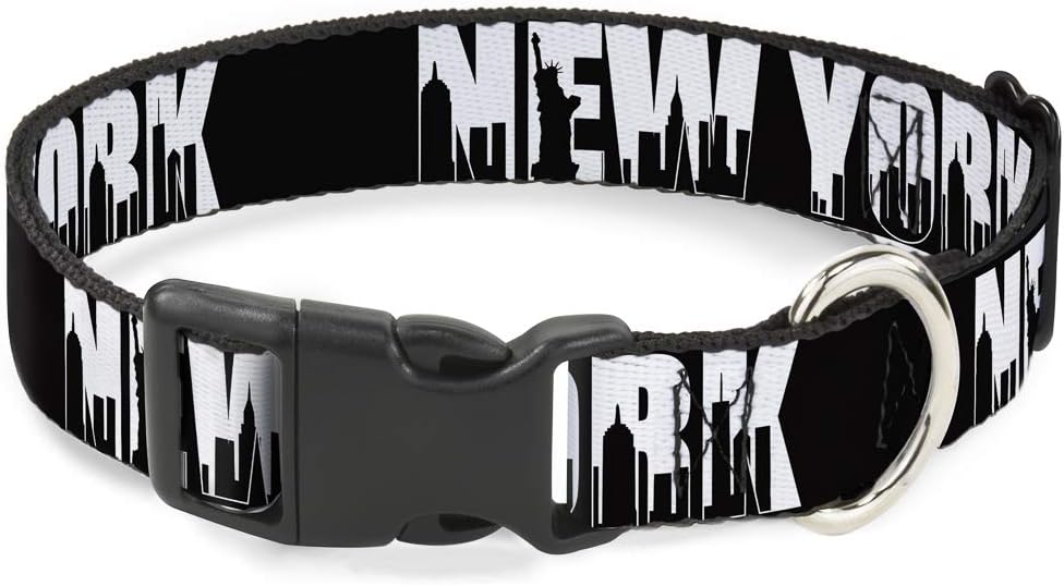 Buckle-Down 18-32" New York Bold/Skyline Silhouette Black/White Plastic Clip Collar, Wide Large