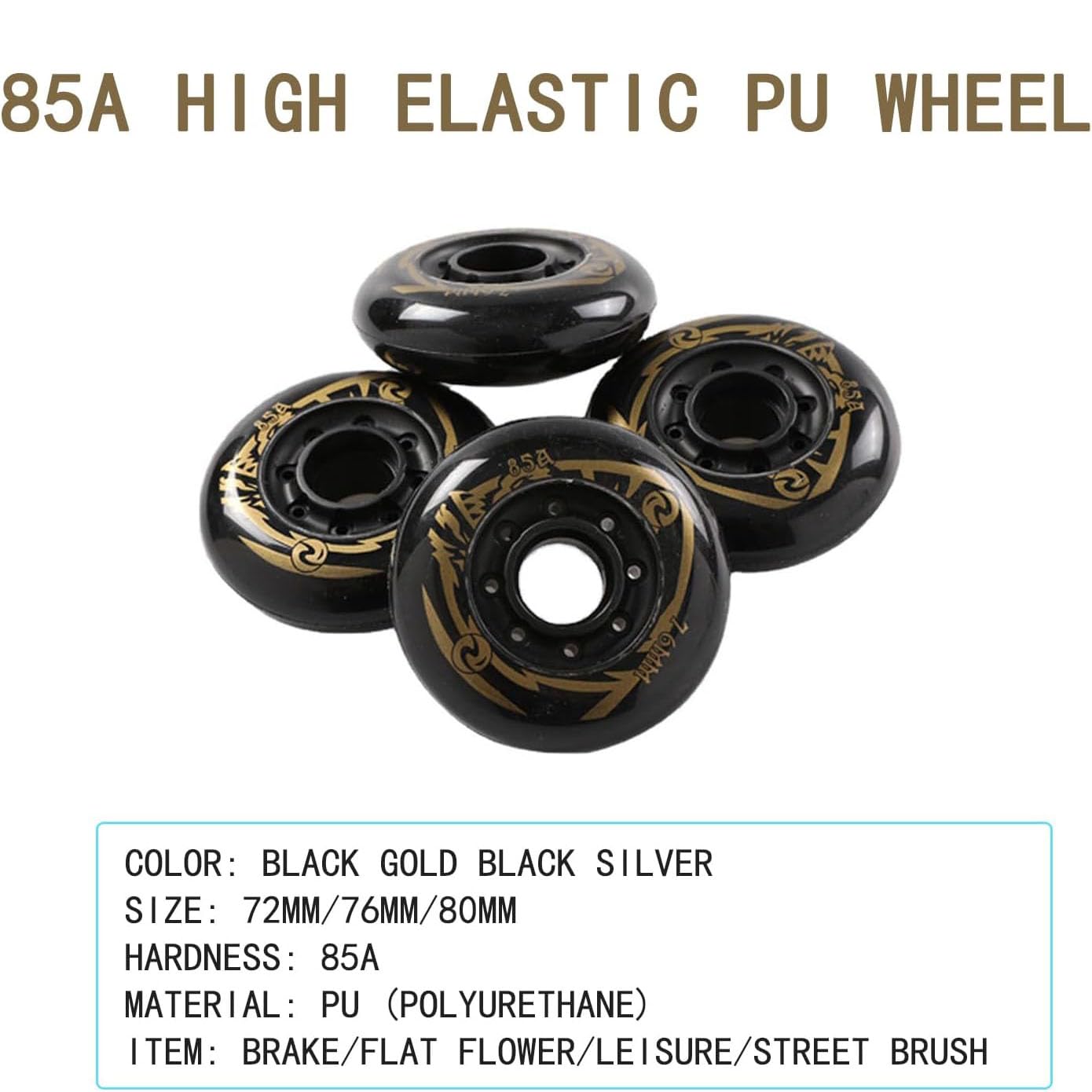 Roues de Patins à Roues alignées 72 mm/76 mm/80 mm, dureté 85A, pour Roues de Rechange de Hockey en Ligne en extérieur, Lot de 8, Noir Argent, 76 mm