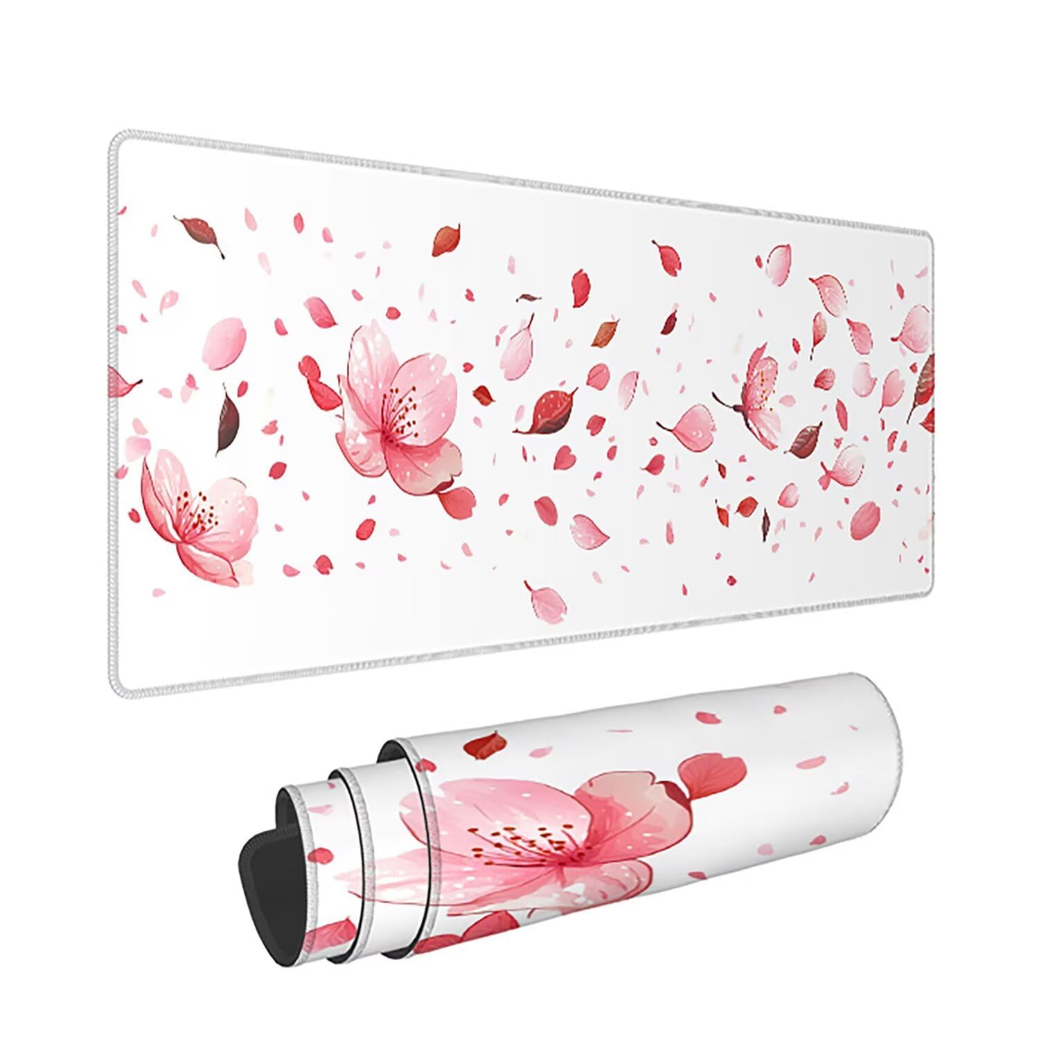 Duża gamingowa podkładka pod mysz, 1400 x 600 x 3 mm, kwiat, bardzo duża podkładka pod mysz na biurko z przeszytą krawędzią, antypoślizgowa, wodoodporna podkładka pod mysz, biała, długa podkładka pod