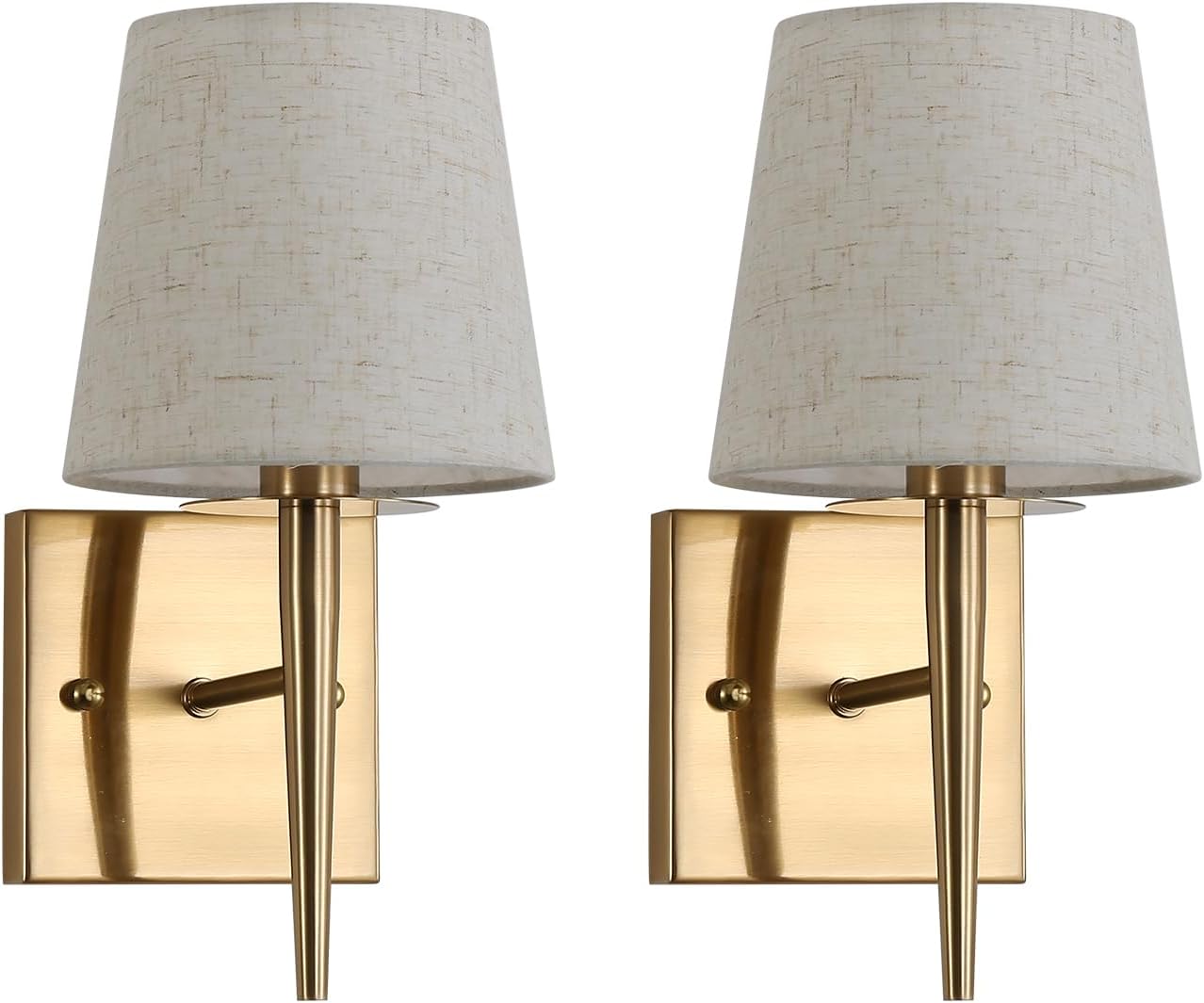 Mid-Century Modern Wall Sconce with Beige Fabric Shade | 1-Light Antique Gold Indoor Wall Lamp Fixture for Hallway and Bathroom Vanity Lighting (2-Pack)
