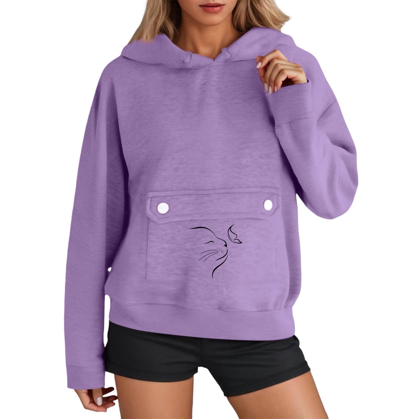 Katzen-Kapuzenpullover für Damen, langärmelig, mit Kapuze, Sweatshirt, mit Kapuze, Hundebeutel, Fleece-gefüttert, Haustier, Tier-Grafik, Winter, Herbst, Buchstaben, Hinterhölzer, Kapuzenpullover