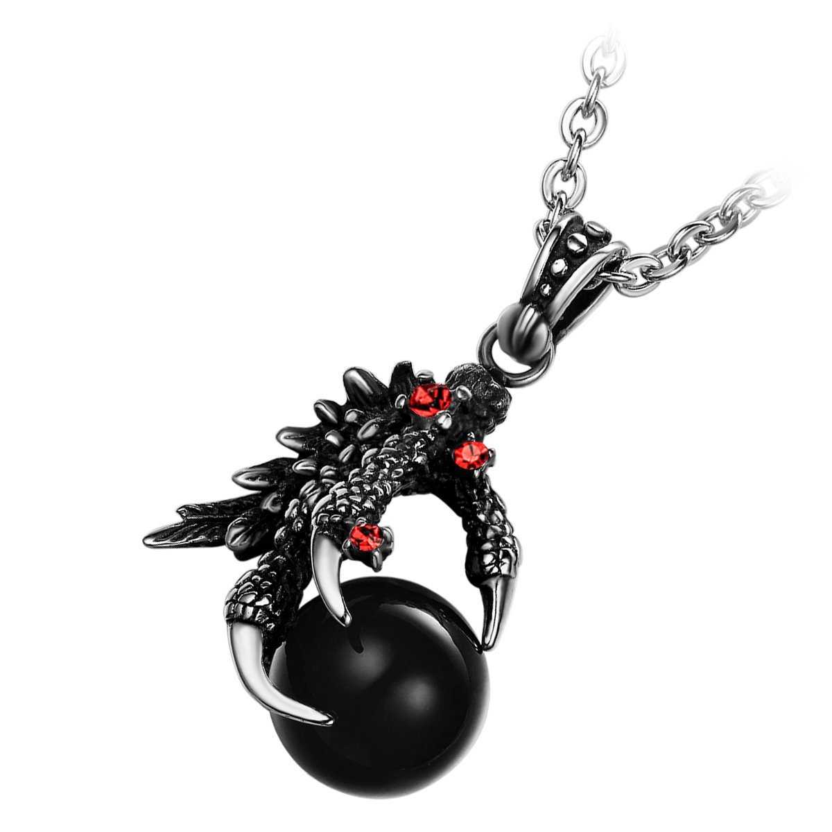 Flongo Herren Halskette – Edelstahl Anhänger Mit Drachenklaue & Achat, 55 Cm Kette, Schwarz-rot-silber